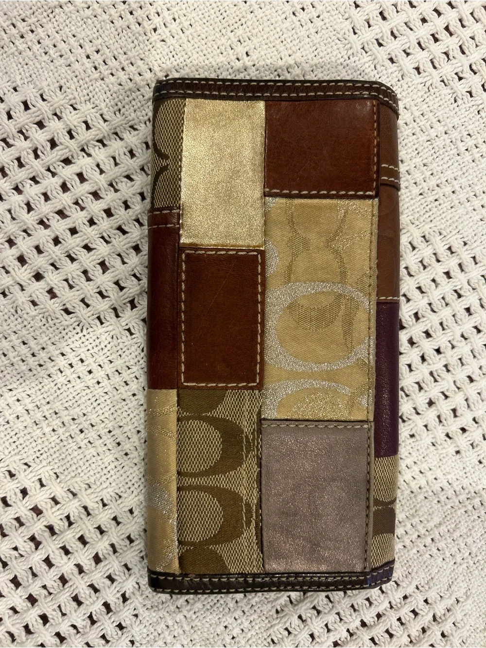 Coach Patchwork Leather & Fabric Trifold Wallet - cow print Merlot
